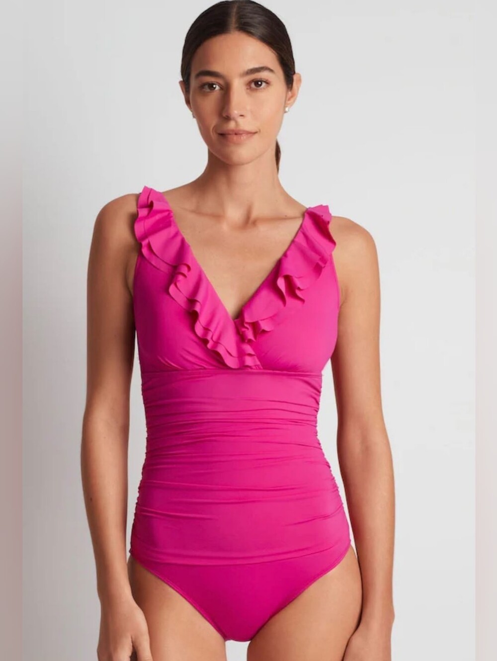 Lauren Ralph Lauren Pink Beach Club Solids Ruffle Front One-Piece Swimsuit
